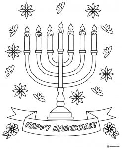 Menorah Coloring Page with Flowers and Banner Design