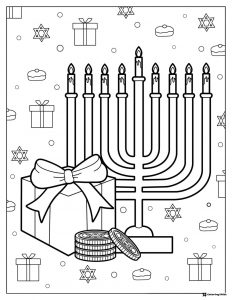 Menorah and Gift Coloring Sheet with Gelt and Decorations