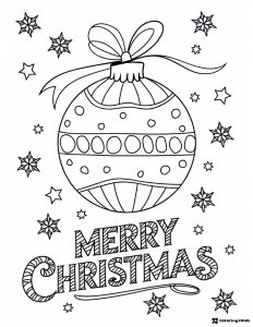 Merry Christmas Ornament Coloring Page with Stars and Ribbon