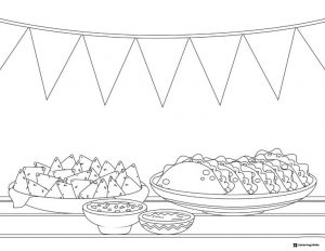 Mexican Food Coloring Page with Tacos Salsa and Chips