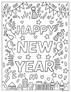 New Year Balloon Coloring Page with Stars and Confetti Burst