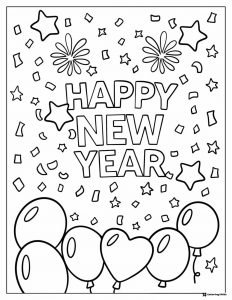 New Year Cityscape Coloring Page with Balloons and Decorations