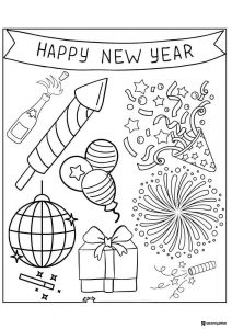 New Year Coloring Page with Fireworks Gifts and Party Items