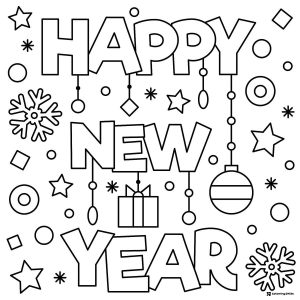New Year Coloring Page with Hanging Ornaments and Gift Box