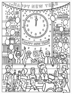 New Year Countdown Party Coloring Page with Midnight Clock
