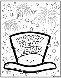 New Year Hat Coloring Page with Fireworks and Smiling Stars