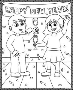 New Year Kids Coloring Page with Toasting and Confetti