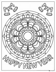 New Year Mandala Coloring Page with Bells and Decorative Ring