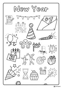 New Year Symbol Hunt Coloring Sheet with Festive Icons