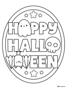 Oval Happy Halloween Coloring Page with Bat and Ghost