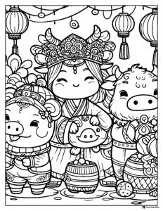 Ox Pig and Girl Coloring Page in Traditional New Year Attire