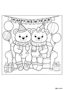 Party Bears Coloring Sheet with Drinks Gifts and Balloons