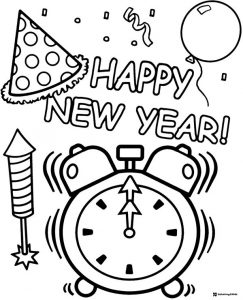 Party Clock and Fireworks Happy New Year Coloring Page