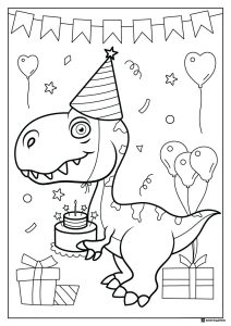 Party Dinosaur Coloring Page with Cake Balloons and Gifts