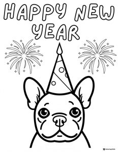 Party Dog Coloring Sheet with Hat and New Year Fireworks