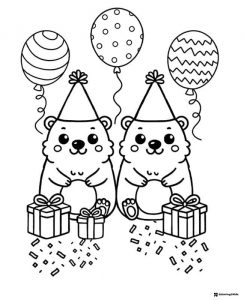 Party Groundhogs Coloring Page with Balloons and Gifts