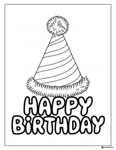 Party Hat Birthday Coloring Page with Bold Festive Lettering