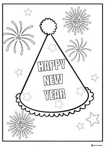 Party Hat Happy New Year Coloring Page with Fireworks
