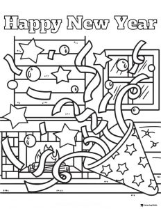 Party Popper Happy New Year Coloring Page with Streamers and Stars