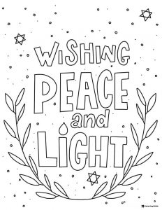 Peace and Light Hanukkah Coloring Page with Leaves and Stars