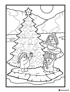 Penguins Decorating Tree Coloring Page with Iceberg and Ornaments