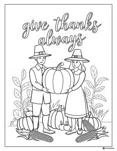 Pilgrim Couple Coloring Page with Giant Pumpkin and Harvest