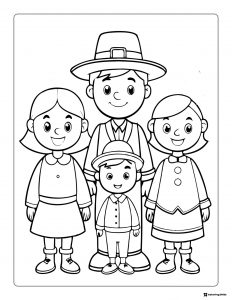 Pilgrim Family Coloring Page with Smiling Children