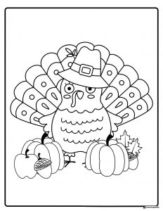 Pilgrim Turkey Coloring Page with Pumpkins and Acorns