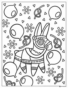 Pinata Coloring Page with Balloons and Festive Confetti