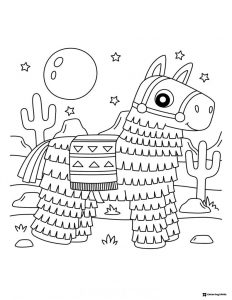 Pinata Donkey Coloring Page with Stars and Cactus at Night