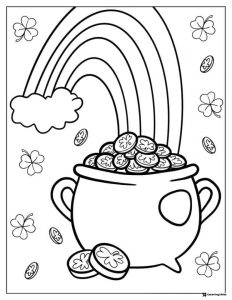 Pot of Gold Coloring Page with Rainbow and Shamrock Coins