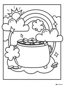 Pot of Gold Coloring Page with Rainbow and Shamrocks