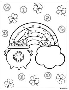Pot of Gold Rainbow Coloring Page with Coins and Shamrocks