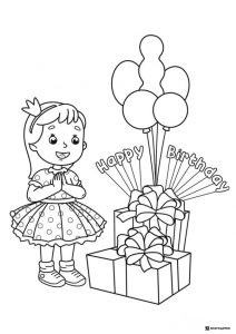 Princess Birthday Coloring Sheet with Balloons and Presents