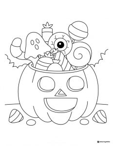 Pumpkin Candy Bucket Coloring Page with Halloween Treats