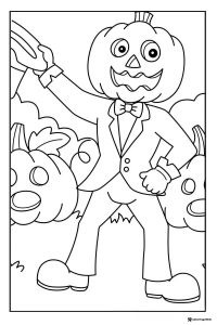 Pumpkin Head Man Coloring Page with Suit and Grinning Faces