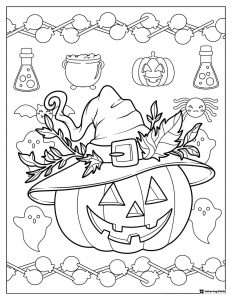 Pumpkin with Witch Hat Coloring Page and Halloween Icons