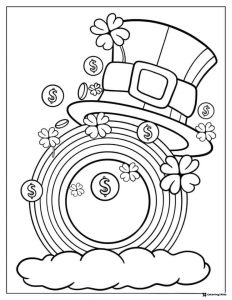 Rainbow Hat Coloring Page with Coins and Shamrocks
