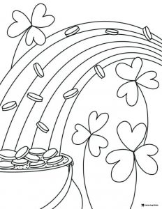 Rainbow and Pot of Gold Coloring Page with Shamrocks