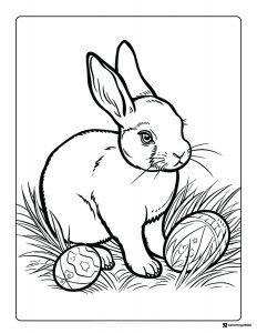 Realistic Bunny Coloring Page with Easter Eggs in Grass