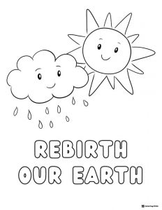 Rebirth Our Earth Coloring Page with Sun Cloud and Raindrops