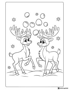 Reindeer Coloring Page with Snowflakes and Snowballs