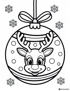 Reindeer Ornament Coloring Page with Snowflakes and Bow