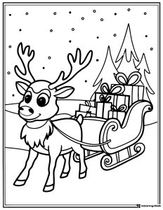 Reindeer Sleigh Coloring Page with Gifts and Snowy Trees