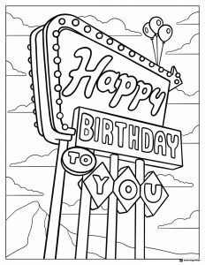 Retro Birthday Sign Coloring Page with Balloons and Clouds