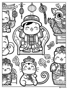Royal Cat Family Coloring Page with Lanterns and Decorations