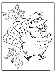 Running Turkey Coloring Page with Falling Autumn Leaves