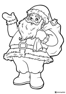 Santa Claus Coloring Page with Gift Sack and Waving Hand
