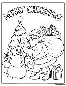 Santa Claus Coloring Page with Snowman and Merry Greeting