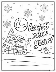 Santa Coloring Page with Tree Gifts Snowflakes and Moon